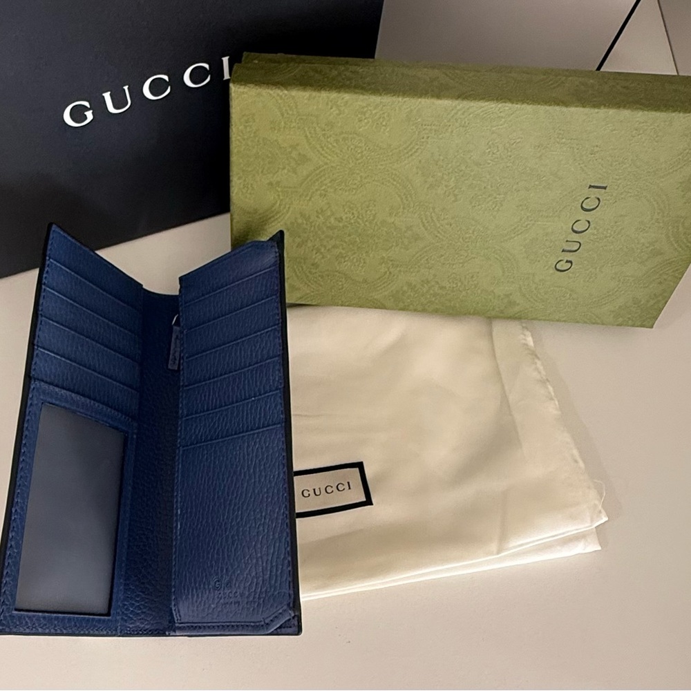 NEW Gucci Men’s Long Bifold Black Leather Wallet GG Logo Blue interior - Picture 11 of 16
